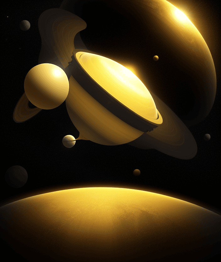 AI generated: yellow planet with object orbiting around it in style of vintage 1950s