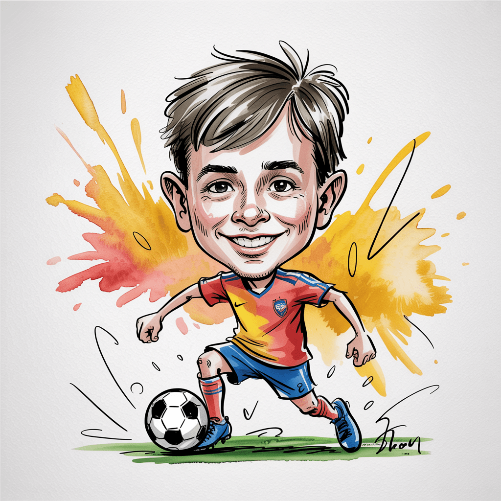 AI generated:  Quentin Blake caricature. Medium shot. Young boy soccer player. Hand-drawn lines. Expressive ink sp...
