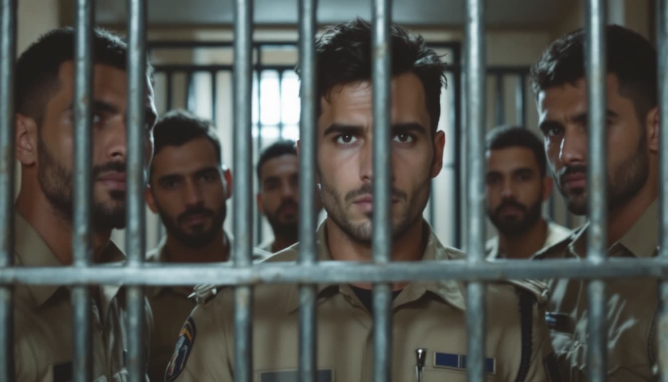 AI generated:  high definition camera shot from behind- five men behind the bars in a jail and a police men in kha...