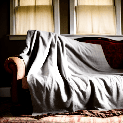 AI generated: dust sheet over a sofa in an old dimly lit 1800's house. style: cinematography