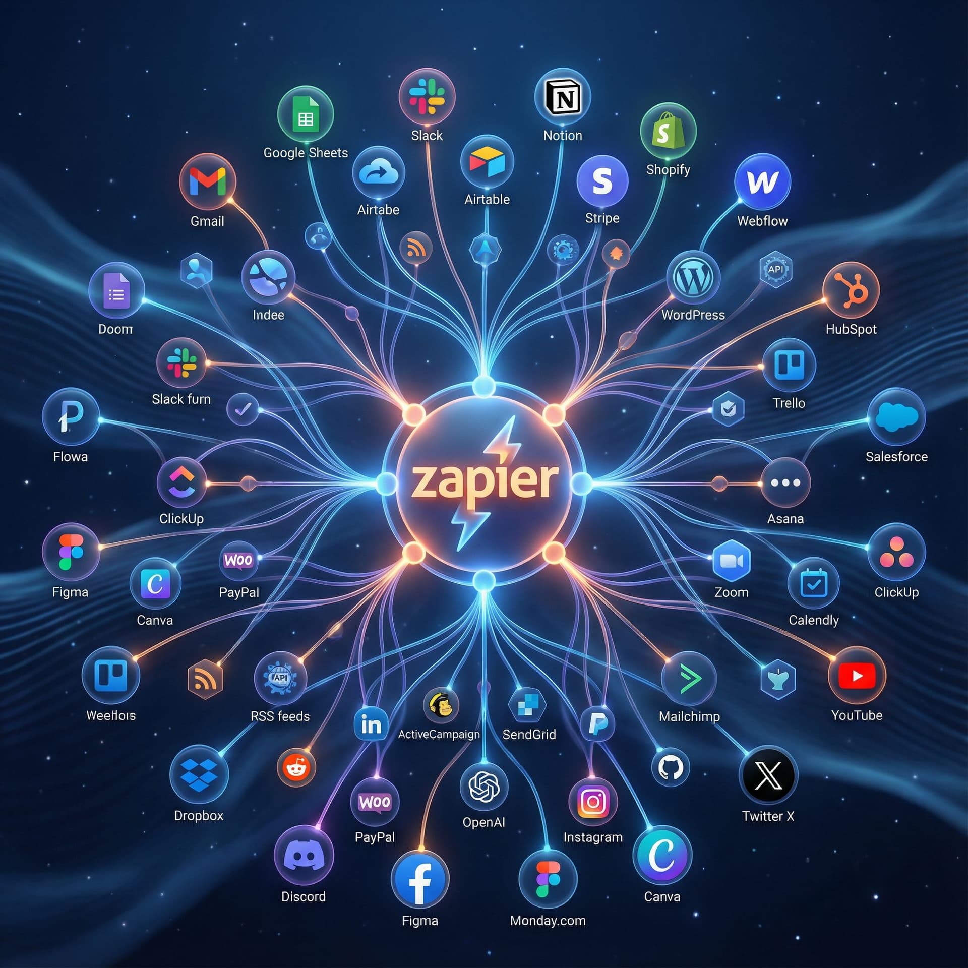 AI generated: **“A futuristic neural network visualization with the Zapier logo glowing at the center as the core ...