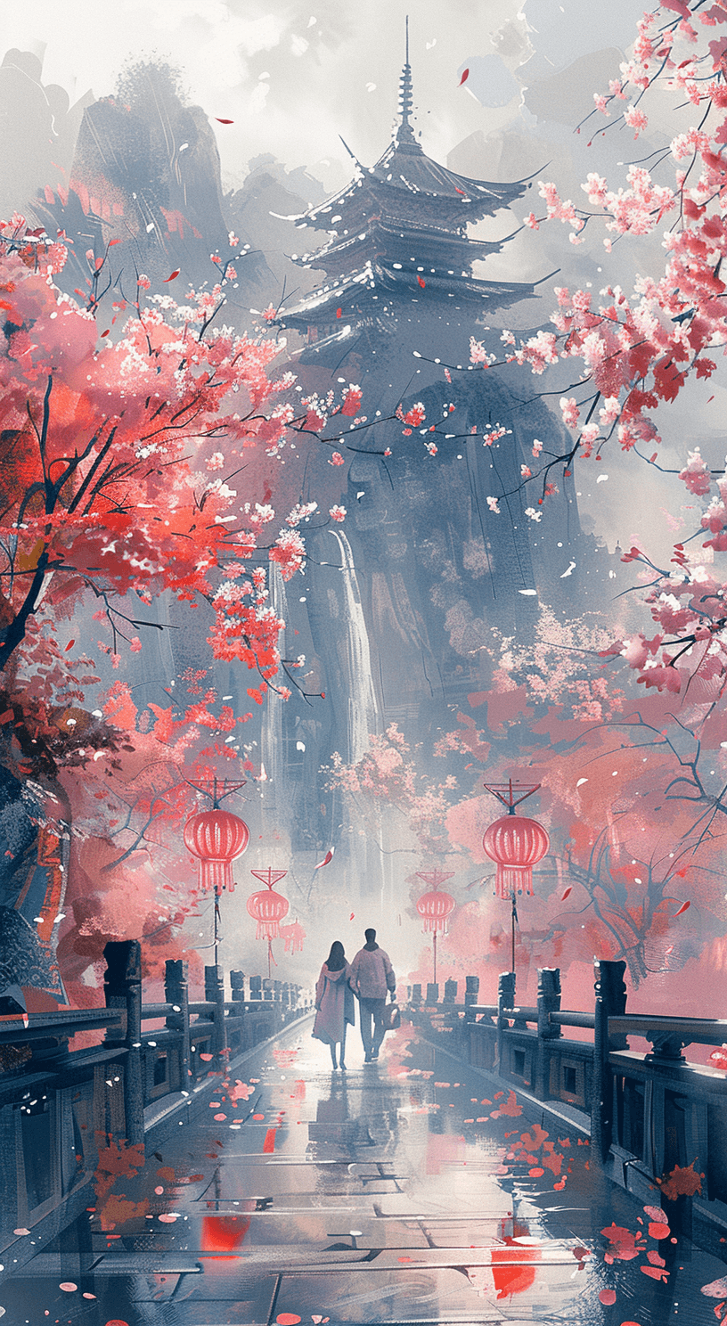 AI generated: one people walk the bridge under a large cherry blossom, in the style of atmospheric paintings, gray...