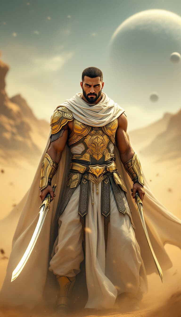 AI generated: A legendary warrior in gold and white armor, standing firmly in a sci-fi desert sandstorm, holding t...