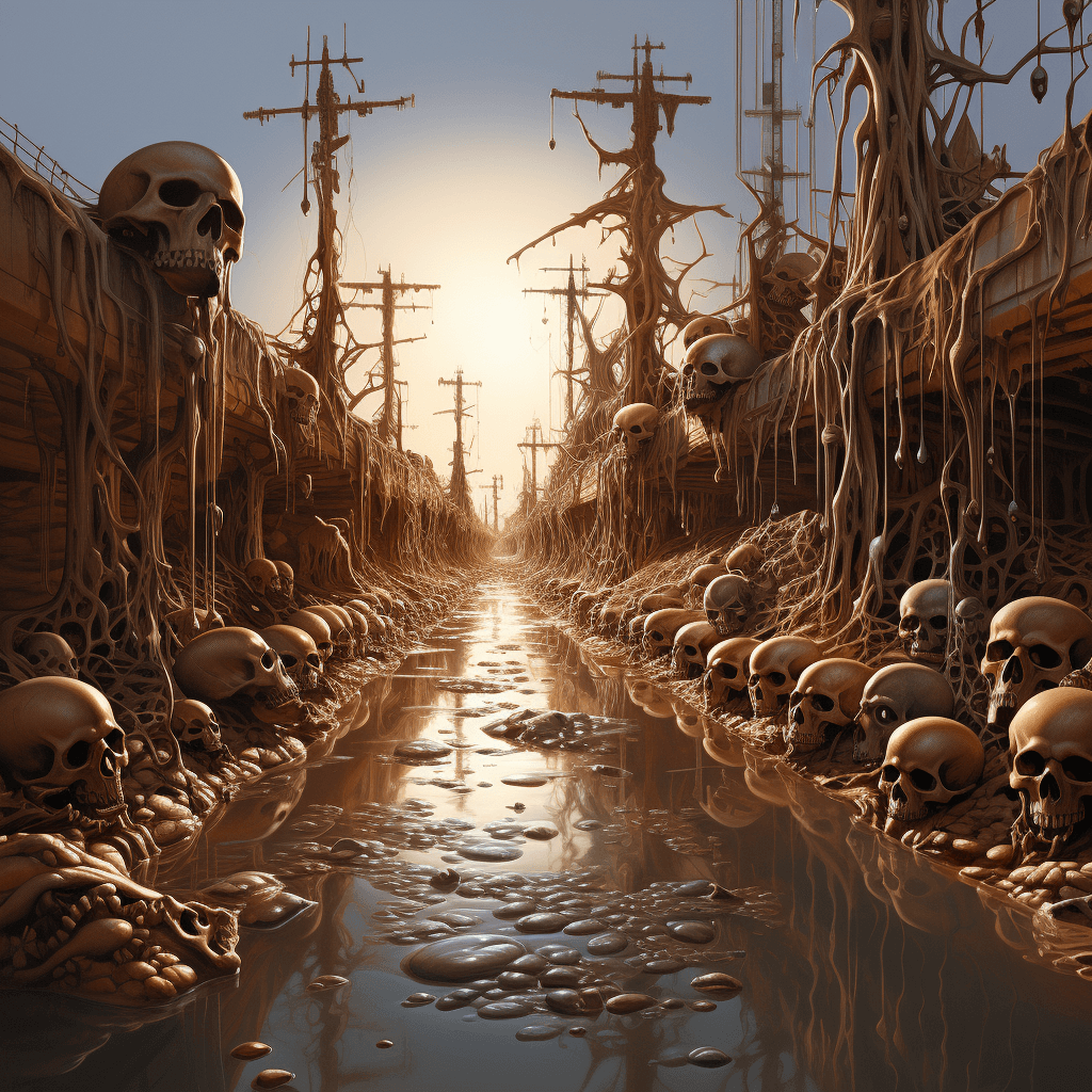 AI generated: skulls scattered on the desert floor, brian despain style, dripping paint, expansive landscapes, hig...