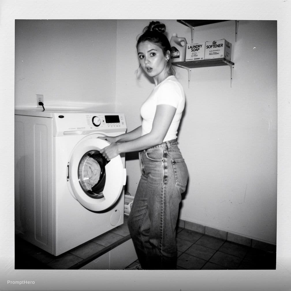AI generated: (SORA)

black and white photography. hard flash. looks like quick polaroid. we see a  attractive you...