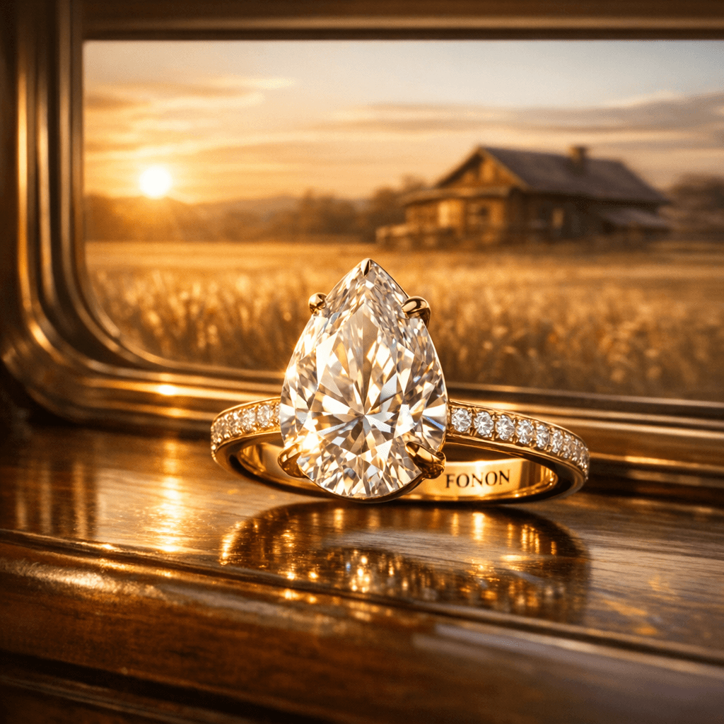 AI generated: Ultra-luxury cinematic jewelry campaign shot.
A high-end Fonon pear-cut diamond ring in polished yel...