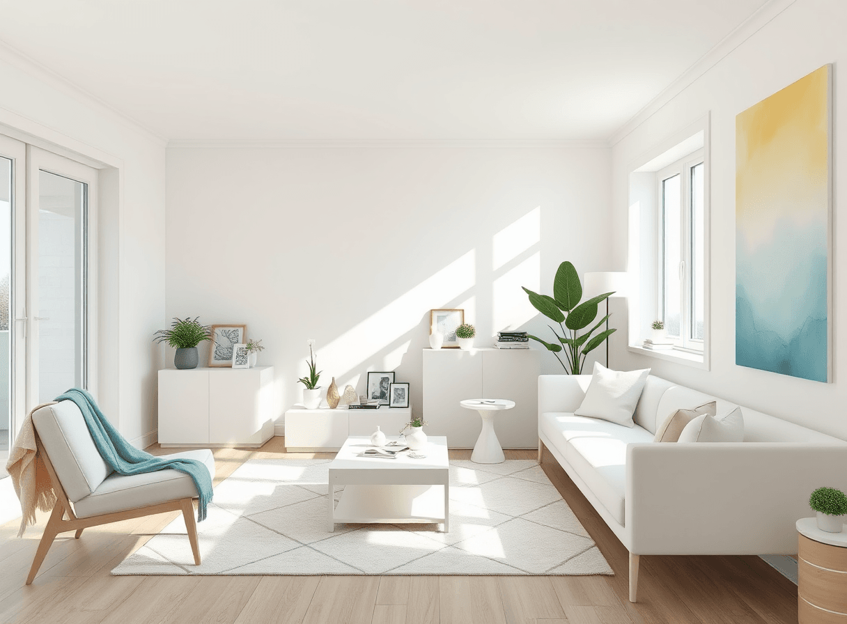 AI generated: A highly detailed, minimalist living room with basic white furniture and pastel colors on the walls....