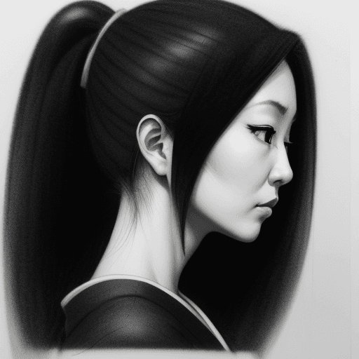 AI generated: a black and white charcoal drawing of a beautiful Japanese woman, side view, in the style of a charc...