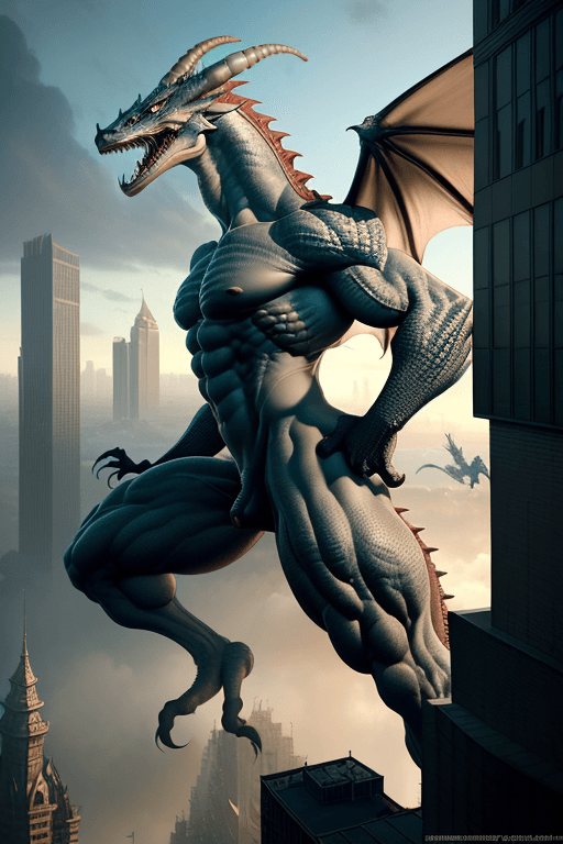AI generated: skinny, athletic anthro dragon, briefs with disproportionately massive bulge, gargantuan, towering o...