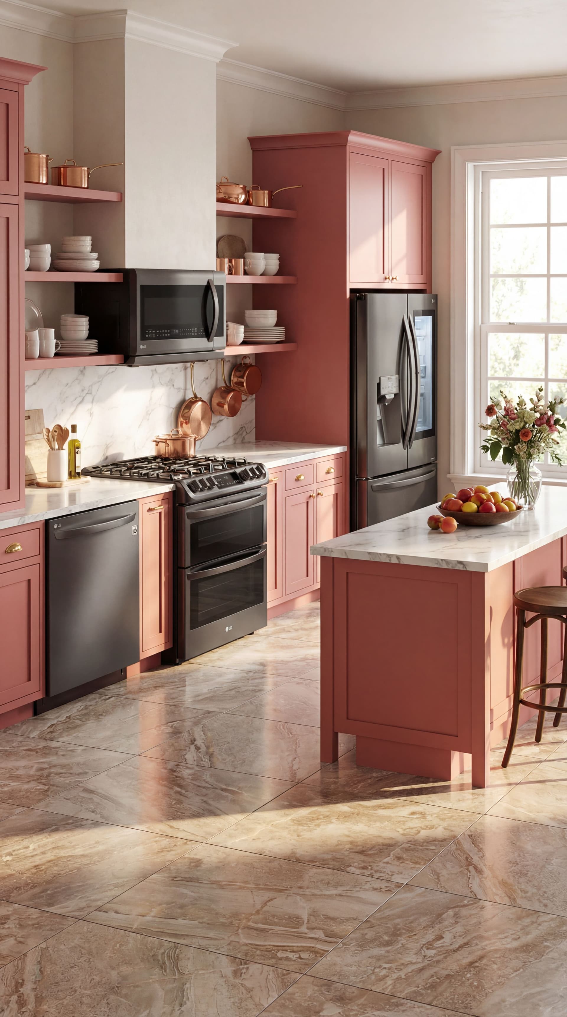 AI generated: turn into a lifestyle picture. Beautiful kitchen luxury pastel red cabinets. Floor some luxury tiles...