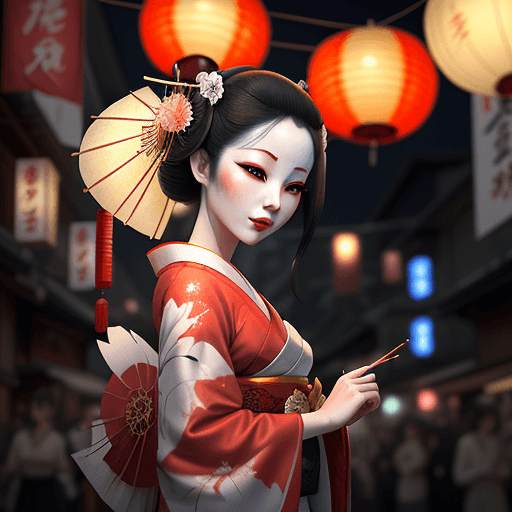 AI generated: An ethereal Geisha amidst a festival night, paper lanterns illuminating the lively streets, a vibran...