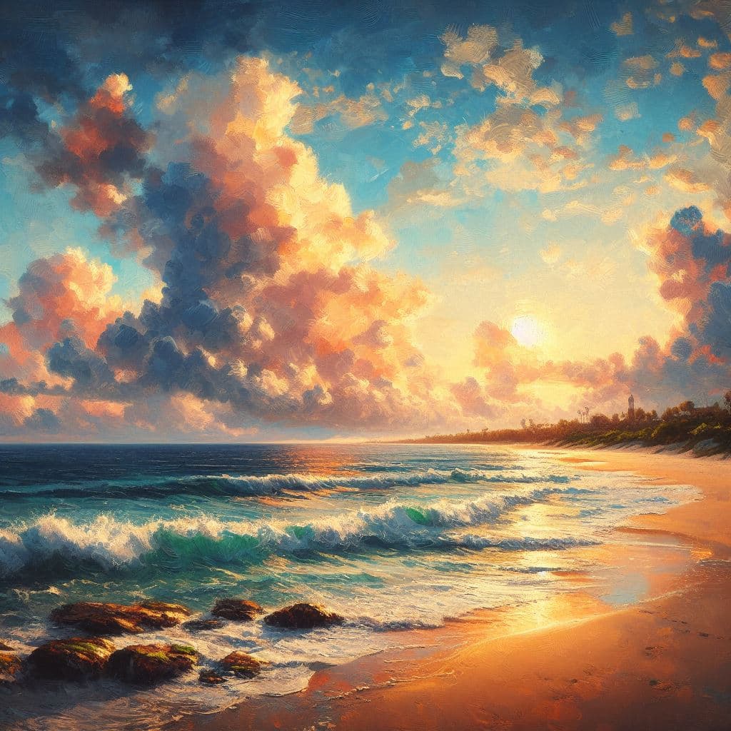 AI generated: A beach sunset view, clear sky, fluffy clouds,4k