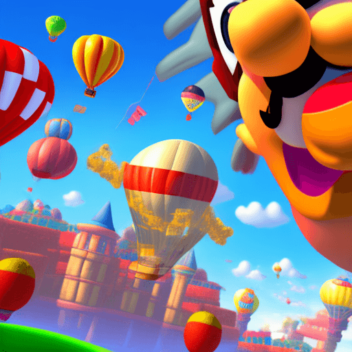 AI generated: Super-Mario running, air balloon Kingdom background, 32k, closeup, trending on poltcount 3D, game --...