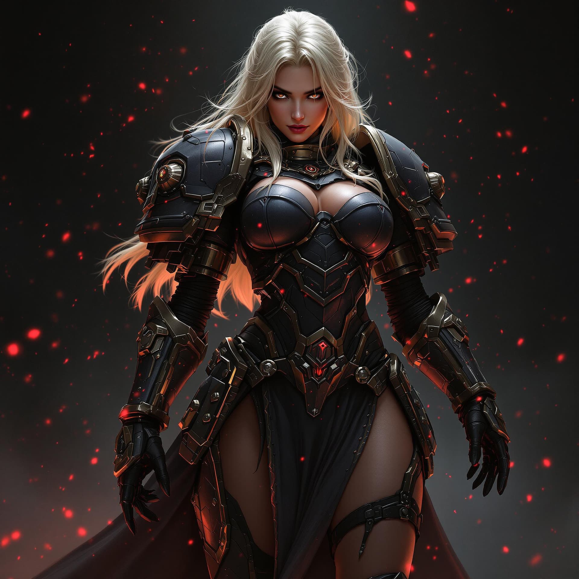 AI generated: dynamic angle, full body view, realistic, female space marine, blonde hair, armored, pelvic curtain,...