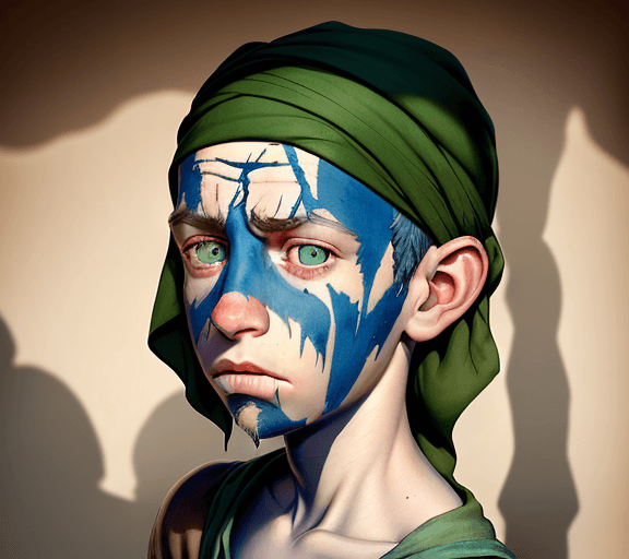 AI generated: a portrait of a young boy, short blue hair, scars, green eyes, crooked nose, full lips, frowning, we...