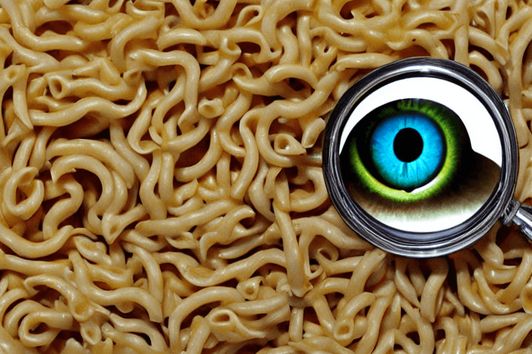 AI generated: a big eye ball looking through a magnifying glass, a macaroni noodle with eyes
