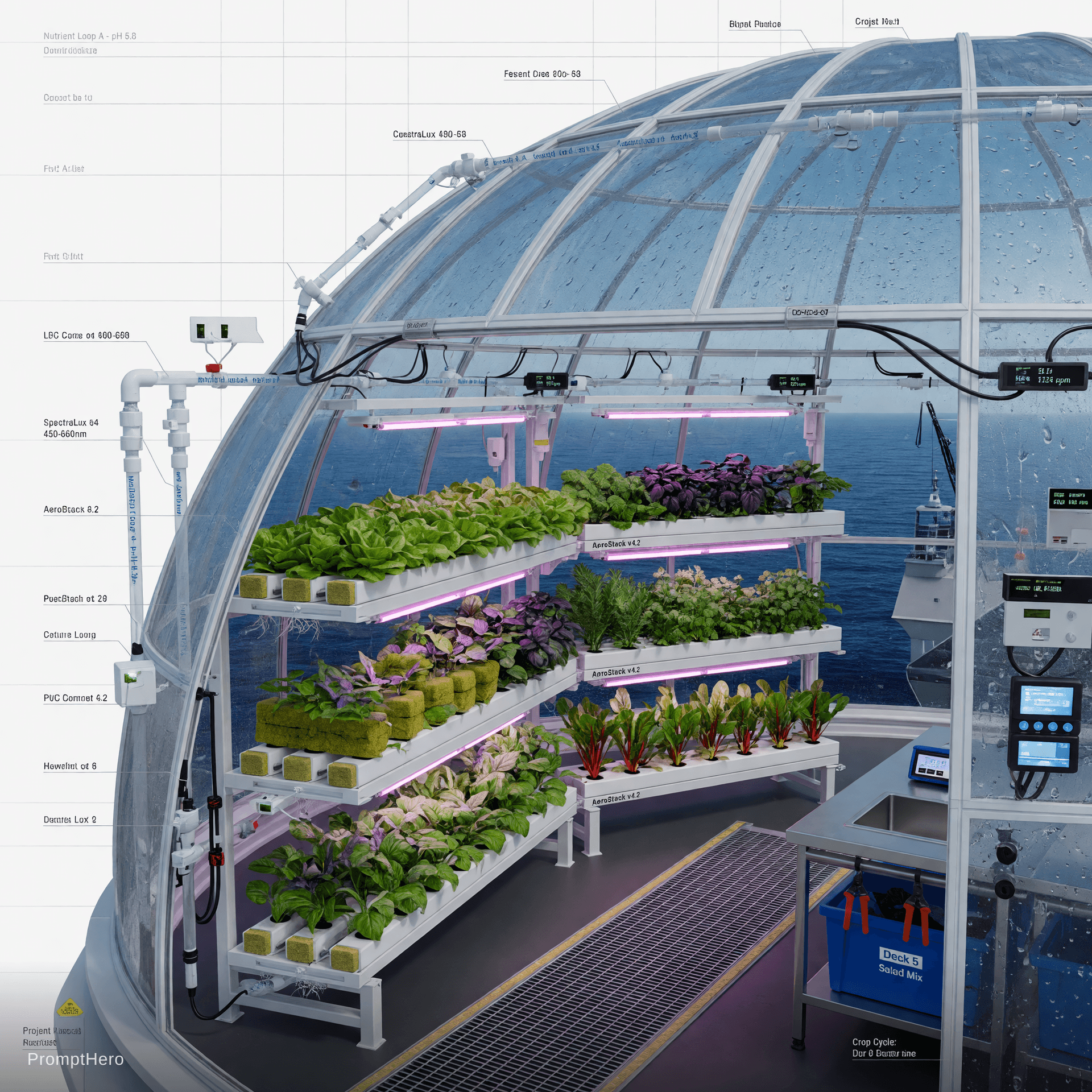 AI generated: Highly detailed technical interior close-up of the greenhouse dome on Deck 5 of Projekt Nomad, clean...