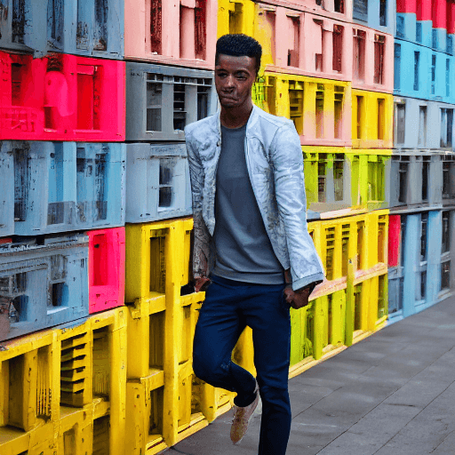AI generated: contemporary street scene, professional man model with a colorful backdrop of stacked crate, street ...