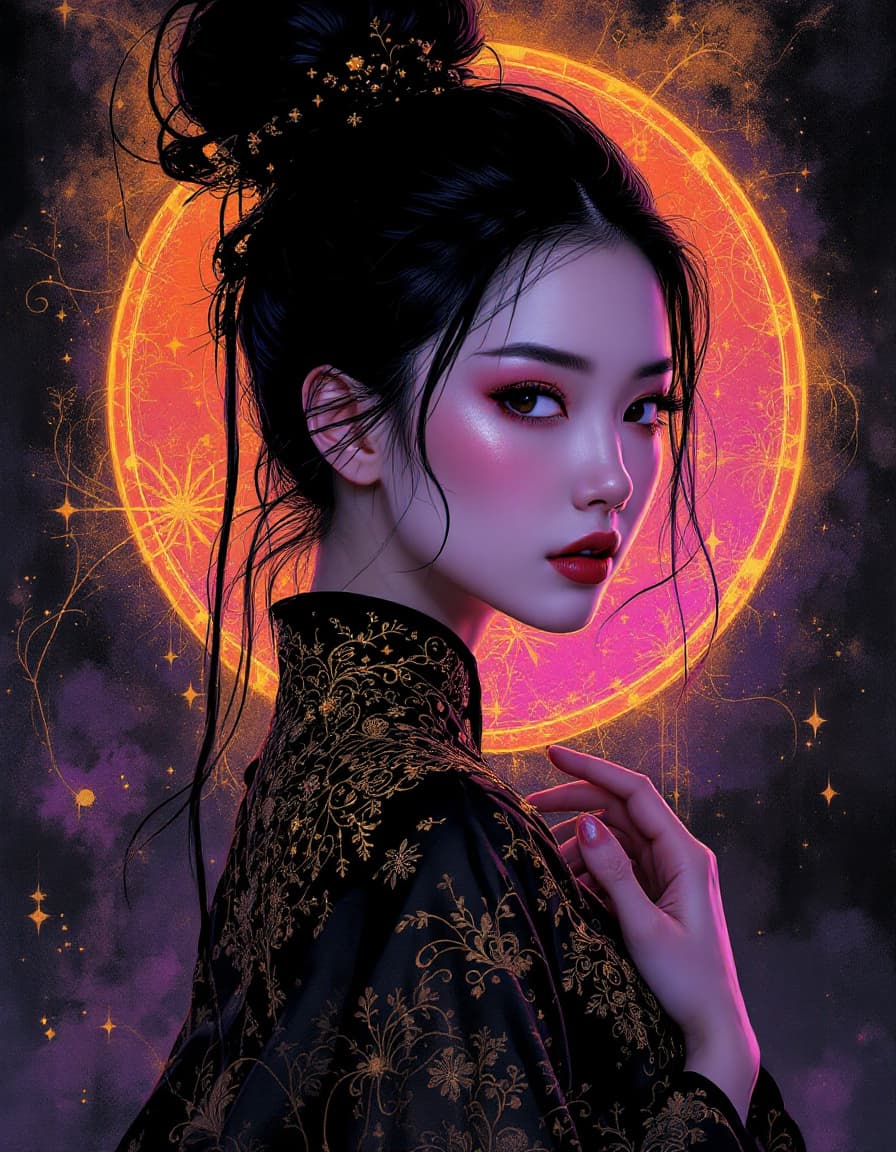 AI generated: Surreal, realistic illustration in traditional Chinese style ((wide plan ((full length)) on (dark gr...