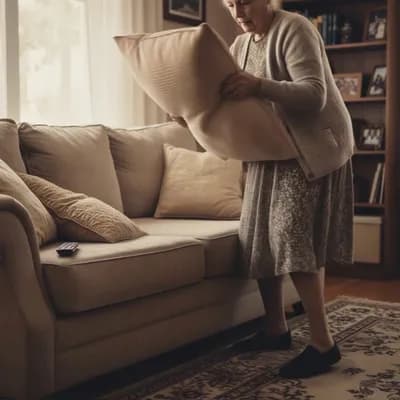 AI generated video: Grandma lifts the pillow and finds a pacifier underneath it.