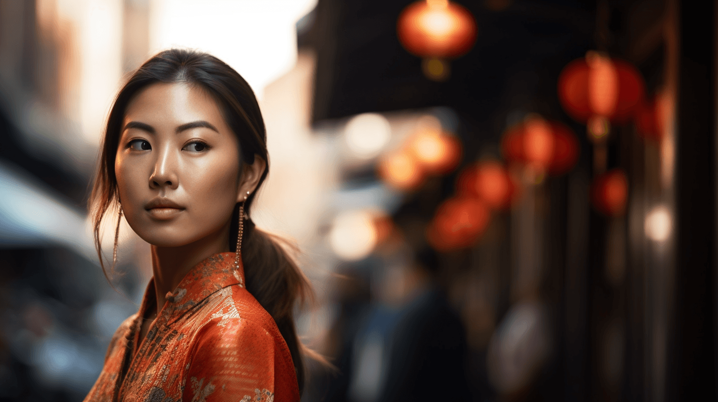 AI generated: very detailed image of a gorgeous young Asian lady standing on a bustling city street, observing the...