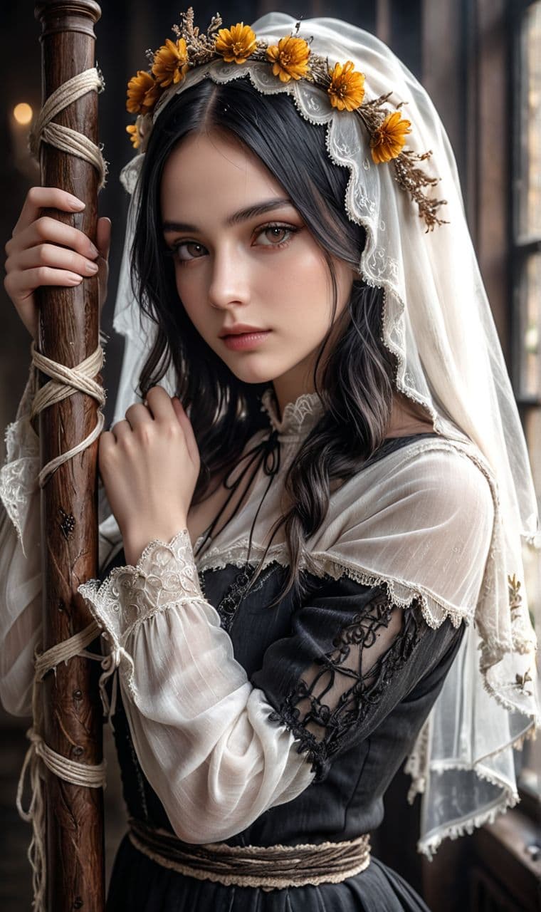 AI generated: Long-sleeve raw silk blouse in faded bone white, open back laced with crumbling cord like unraveling...
