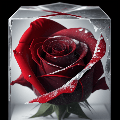 AI generated: close-up photo of a beautiful red rose breaking through a cube made of ice , splintered cracked ice ...