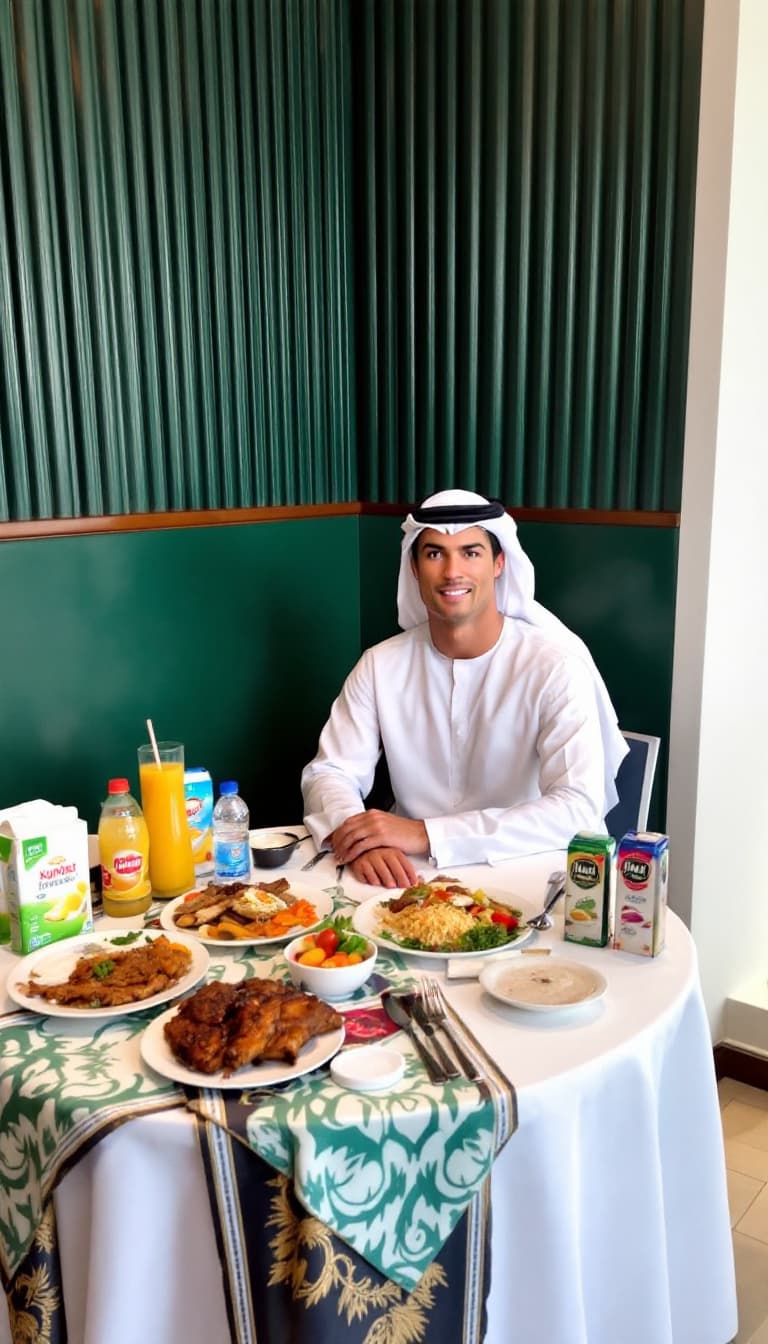AI generated: Cristiano Ronaldo sits at a round dining table in a stylish, modern restaurant, dressed in tradition...