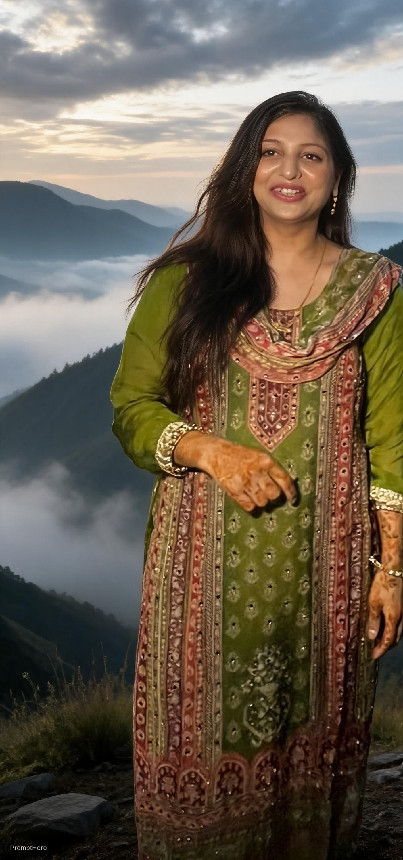 AI generated: “Ultra realistic artistic portrait of a lone adult woman standing in the mountains, long flowing hai...