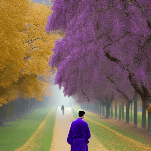 AI generated: A handsome young man was walking under the ginkgo tree in the bleak autumn wind, wearing a purple ro...