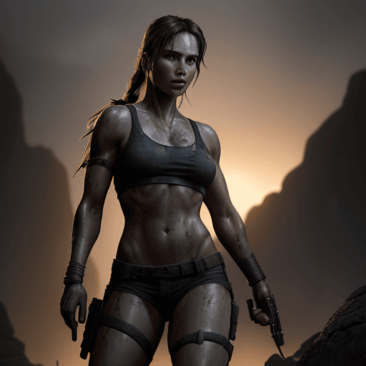 AI generated: "An extraordinary photo captures the entire skampy body of lara croft, in ultra-realistic detail. Ba...