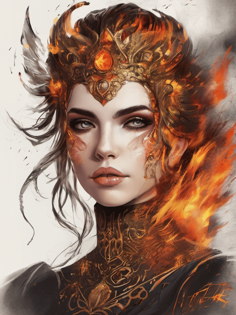 AI generated: Ancient evil creature in the form of a beautiful woman, fire in her eyes, fire around her body, text...