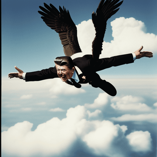 AI generated: President Ronald Reagan with wings, flying in the air