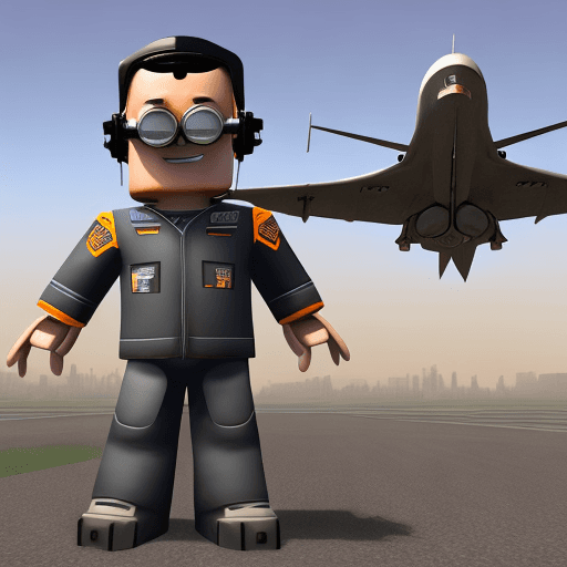 AI generated: A Roblox charakter pilot character in a fighter pilot suit with vintage goggles, standing confidentl...
