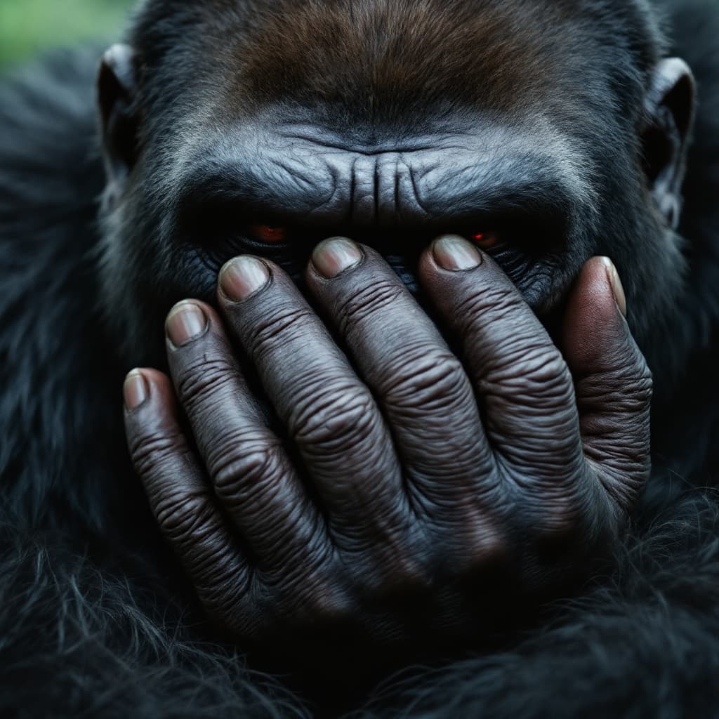 AI generated: A close-up of a gorilla's massive hand gripping and covering the face of a man, capturing the raw in...