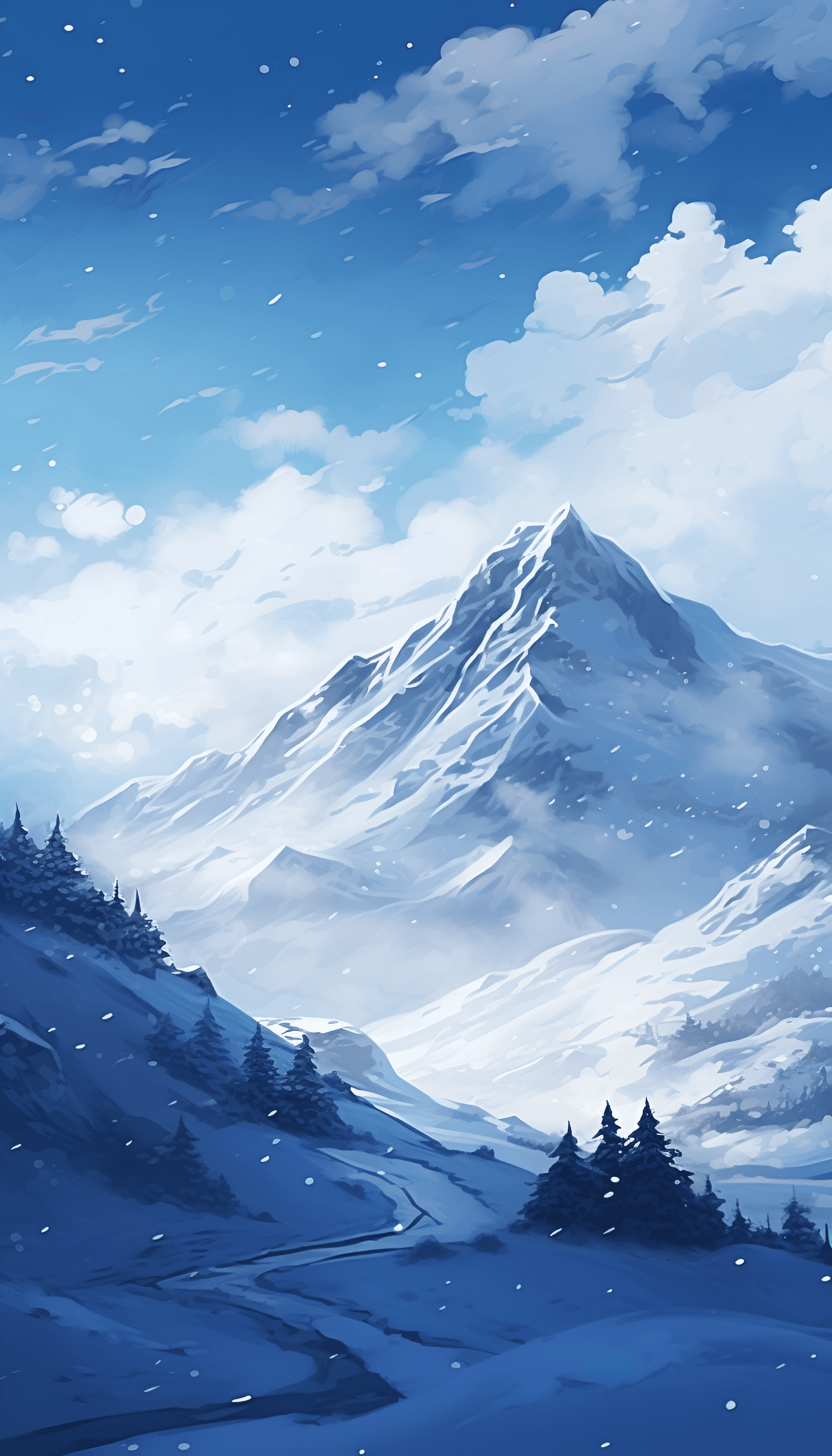 AI generated: Illustration of Winter snowfall in a mountainous landscape. Foreground interest, Twisted background,...