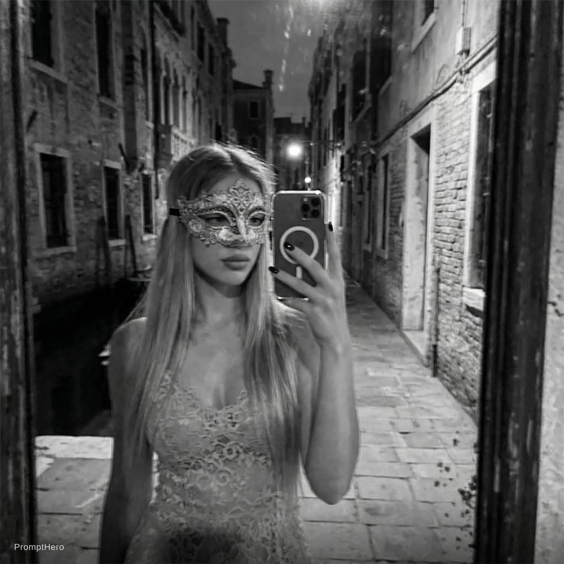 AI generated: put me a neat venetian laced mask and a venetian dress in the street of  Venetia the image is blurry...