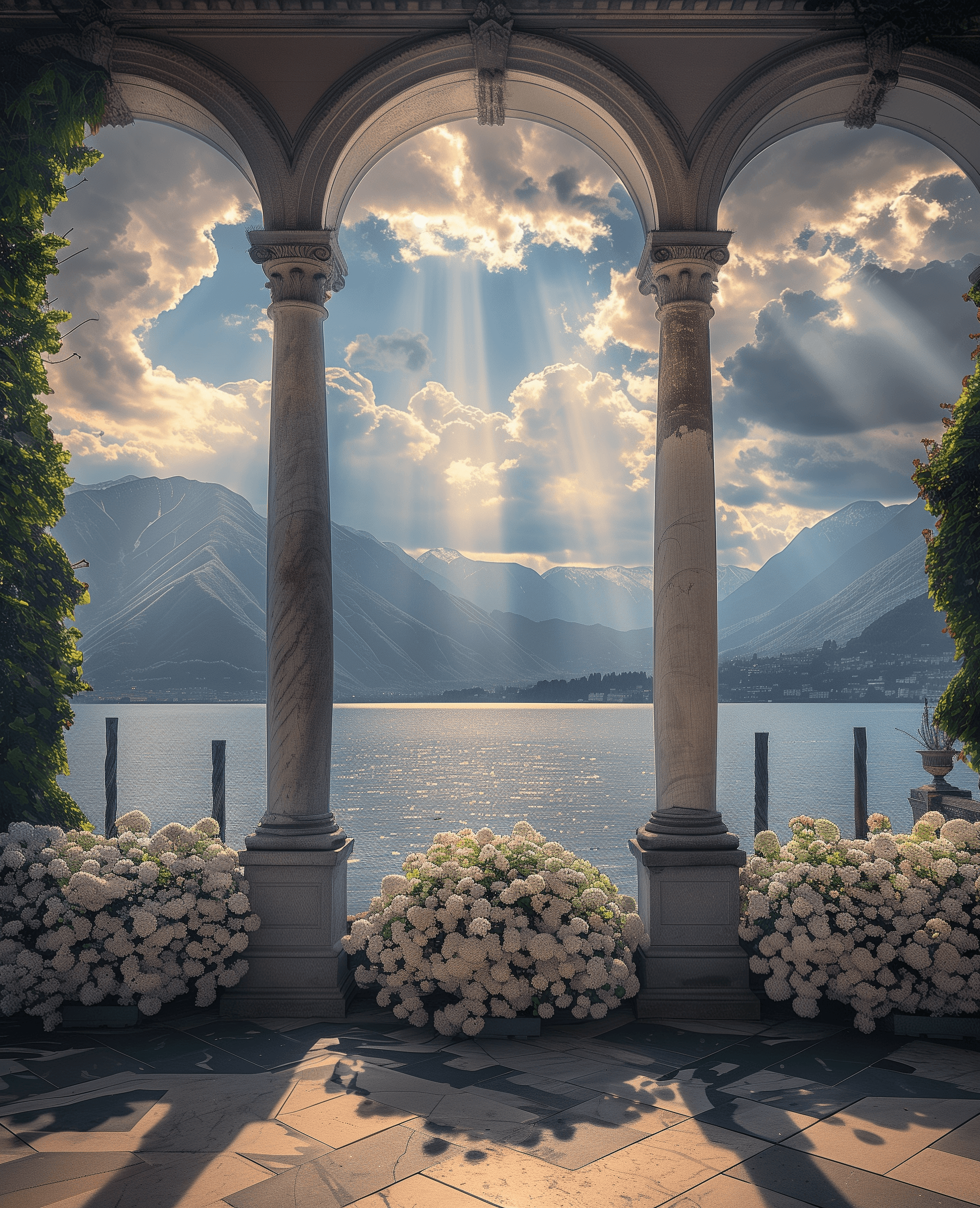 AI generated: A view of Lake Como from an old Italian villa with columns and arches, flowers in white on each side...
