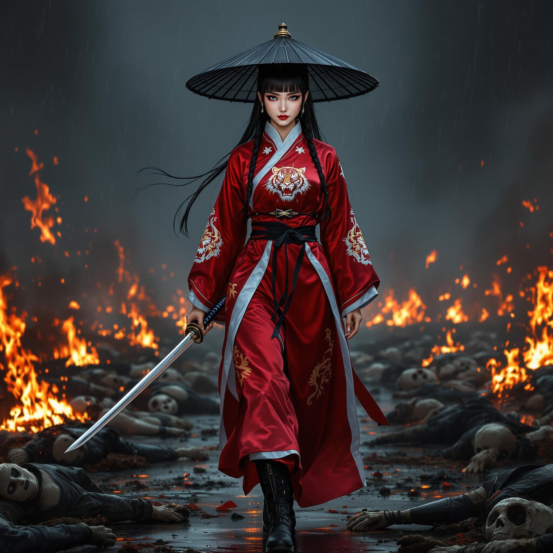 AI generated: HD hyper realistic zoomed out photo of a Chinese female warrior. She is walking toward the camera, s...