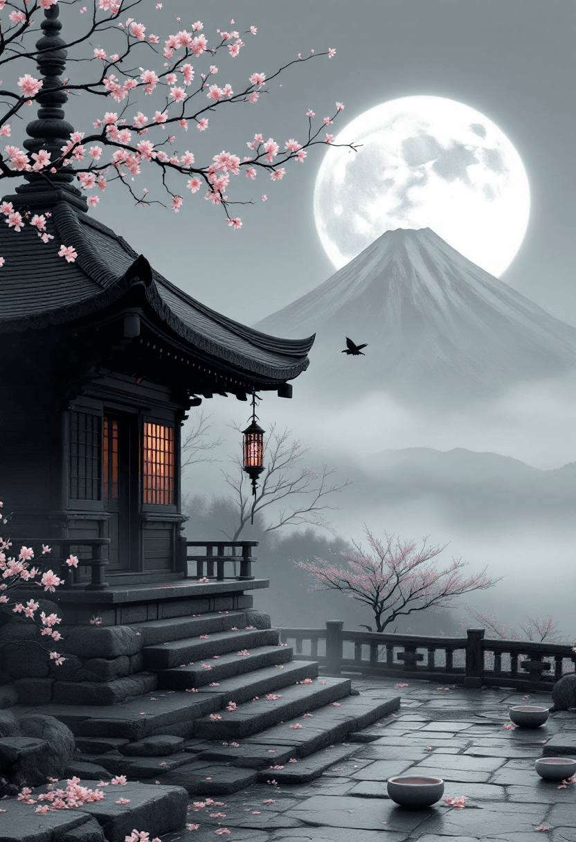 AI generated: An ancient Japanese pagoda, off-center right, simplified wood texture (soft grain, faint cracks), pa...