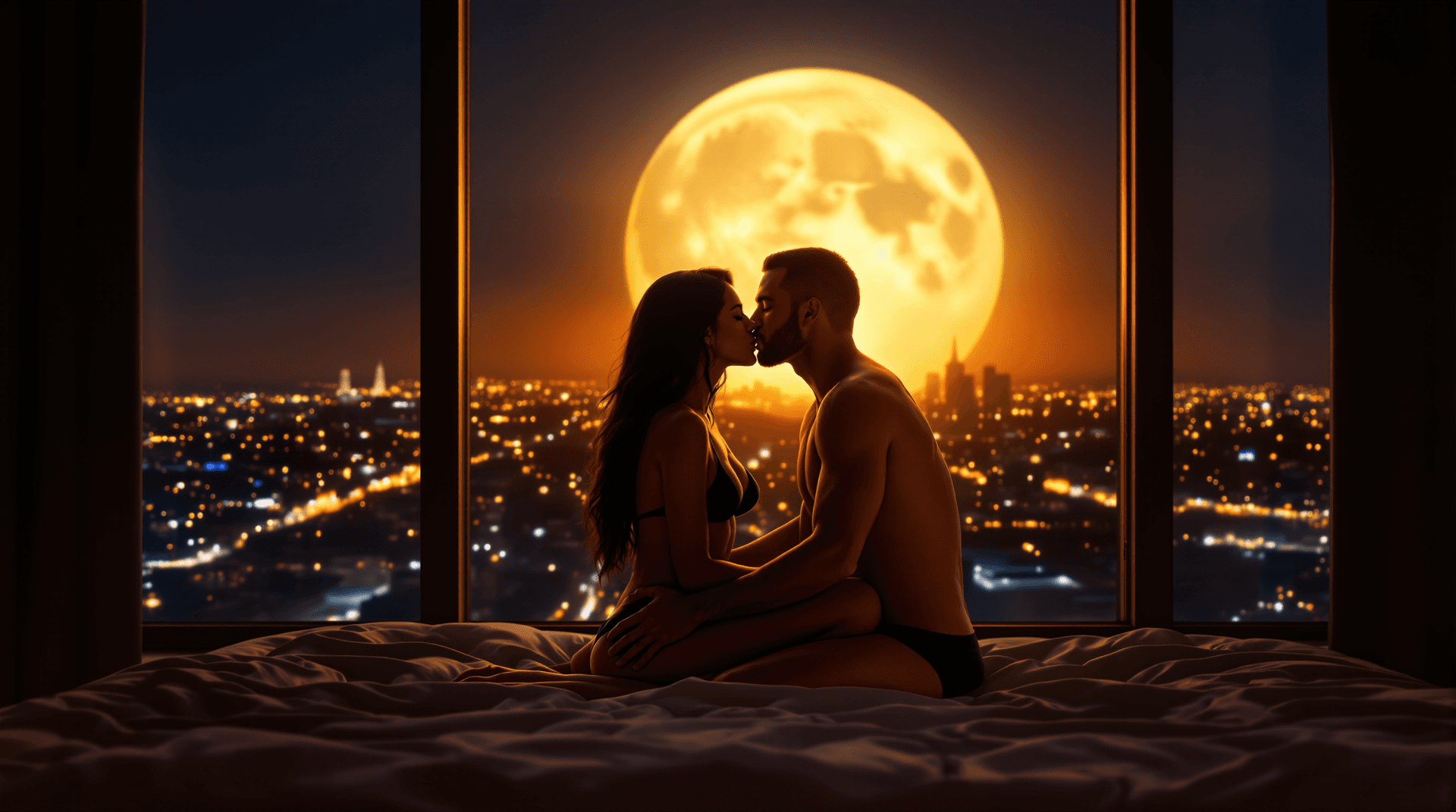 AI generated: image featuring a romantic, intimate scene set against a nighttime cityscape. A couple is seated ver...