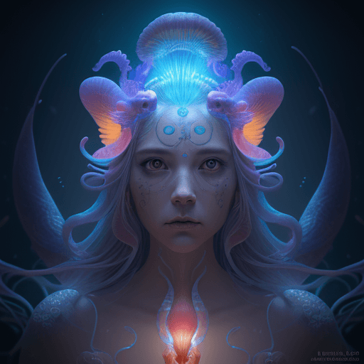 AI generated: Goddess close-up portrait ribcagel. jellyfish phoenix head, nautilus, orchid, skull, betta fish, bio...