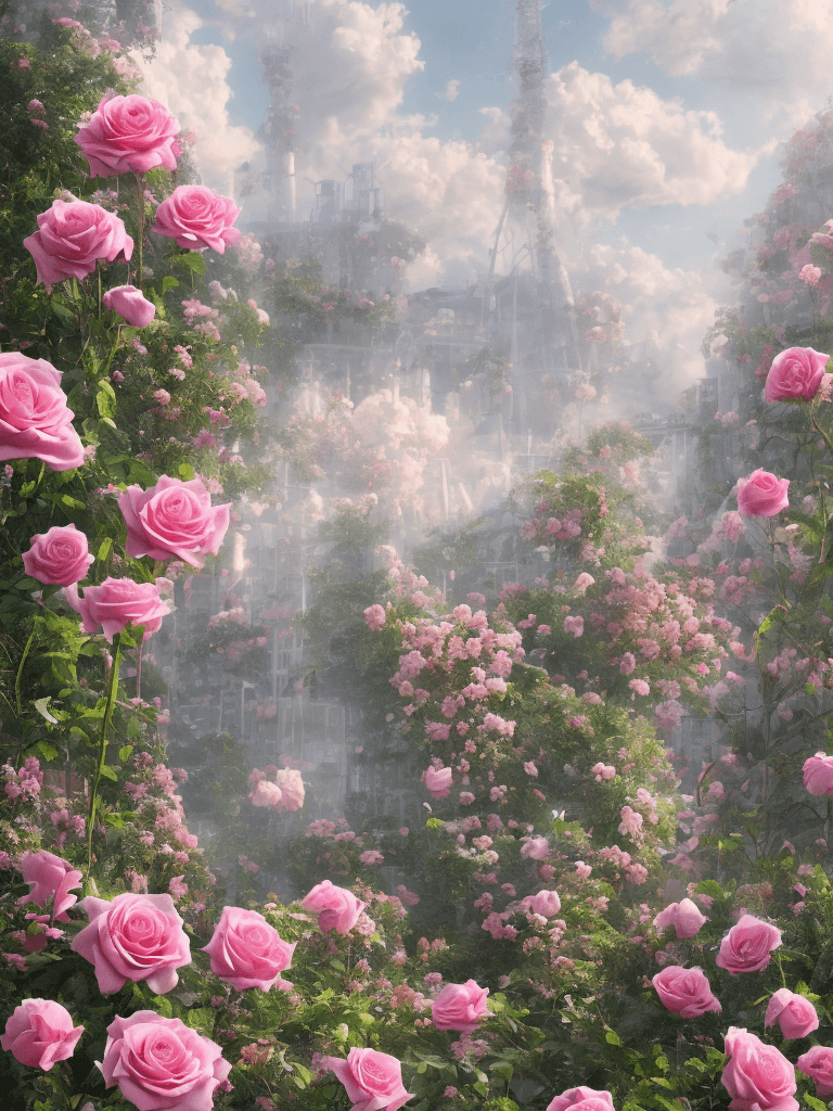 AI generated: << Garden factory,Tall factory,Many pink rose,A few roses,clouds, ultra wide shot, atmospheric, hype...