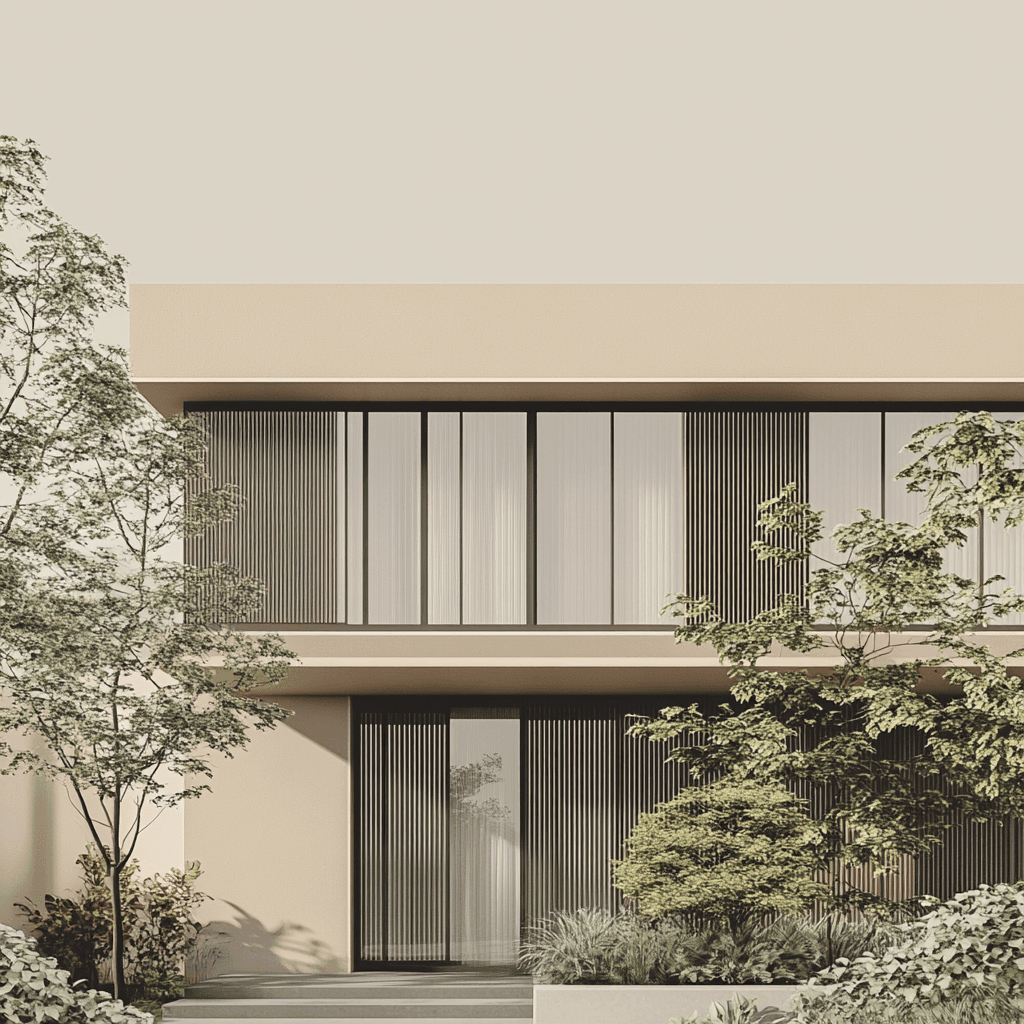 AI generated: Facade, architecture, japandi, minimalist, neutral colors, vegetation, illustrated style --v 6.1