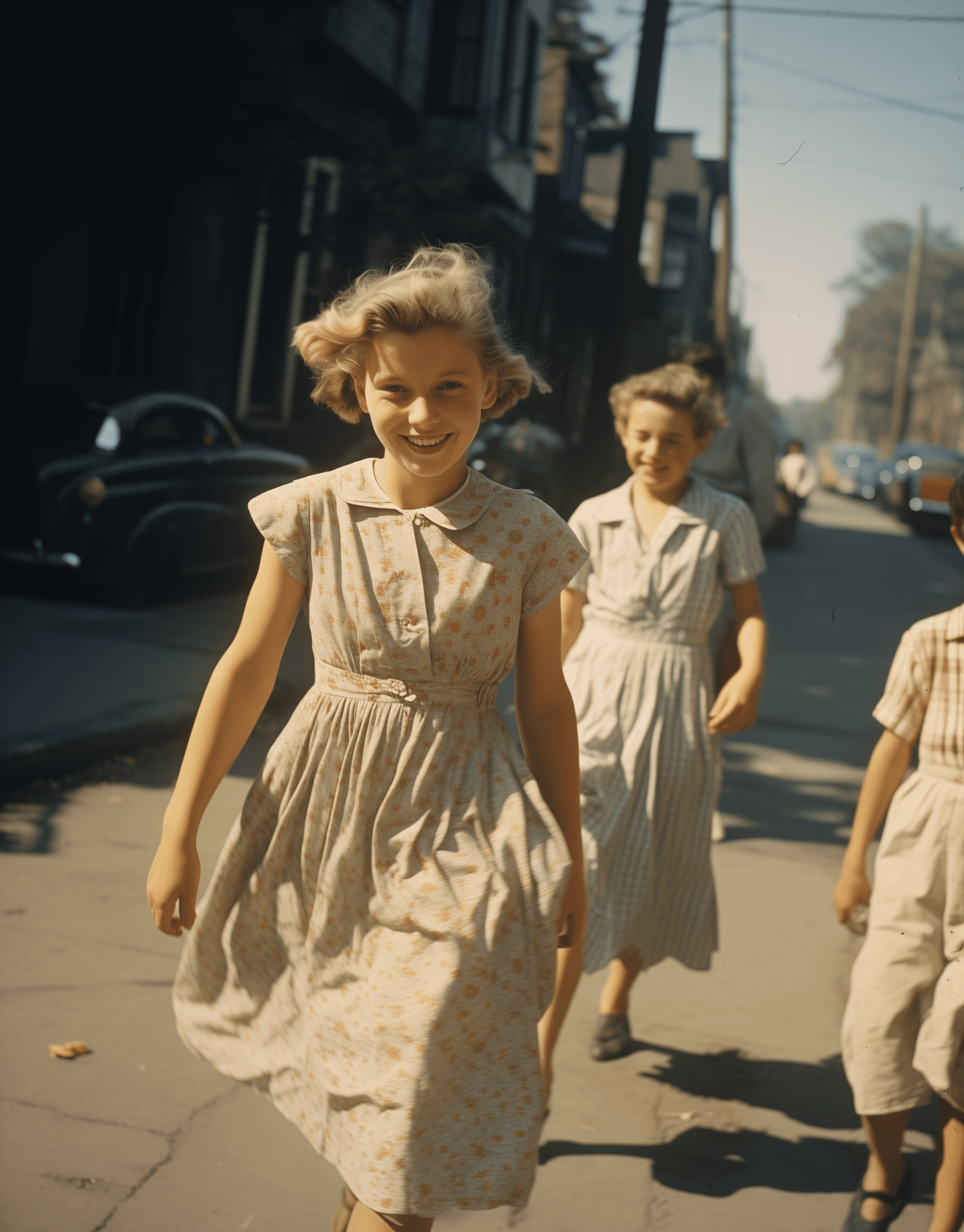 AI generated: a woman in a 1955 dress walking in the street, in the style of helen levitt, fanciful figures, group...