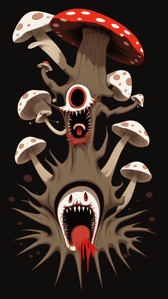 AI generated: vector horror art on the diverse background, a screaming crazy anthropomorphic evil mushroom with a ...