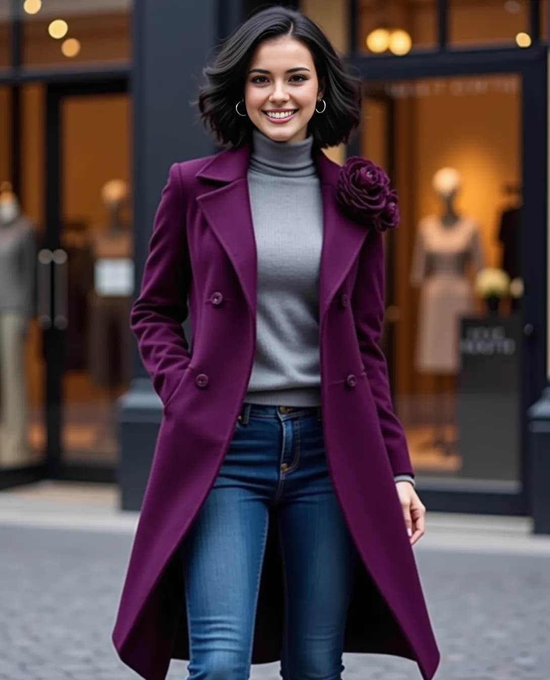 AI generated: Image, Hyper-realistic, 8K, high quality, HD of a luxurious (dark purple coat) with an asymmetrical ...