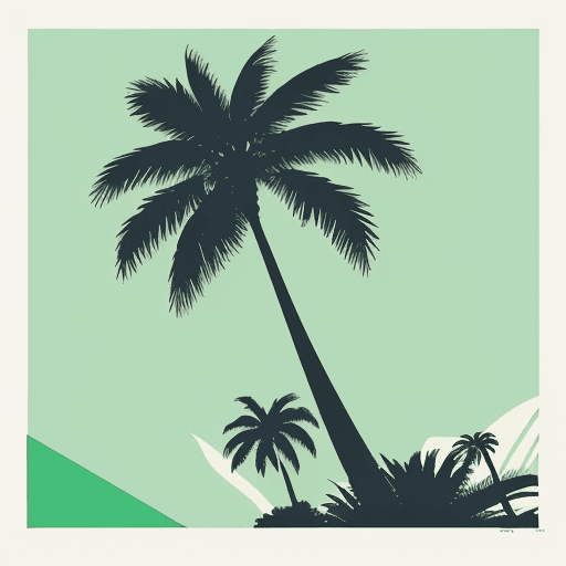 AI generated: A variation of a palm tree depicted in a classic screen-print (silkscreen) style, featuring bold, cl...