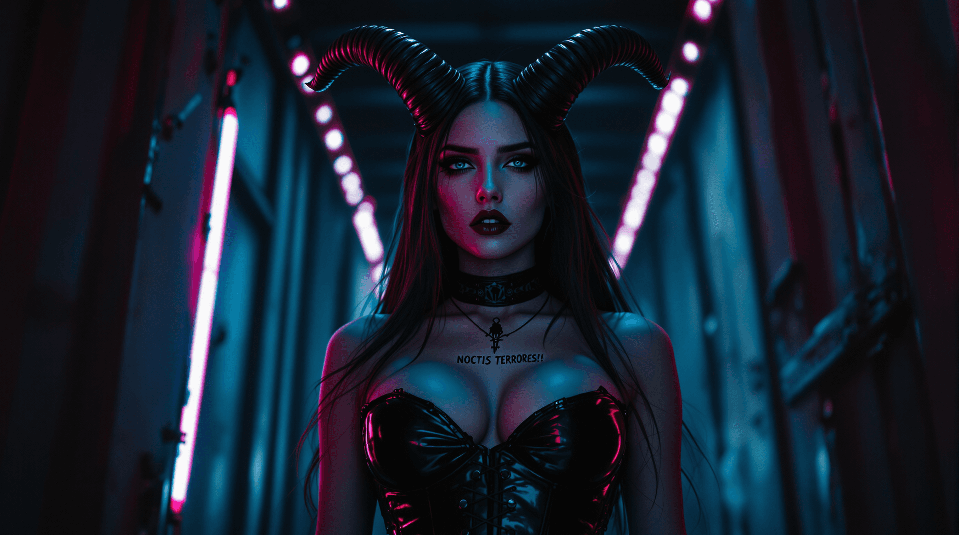 AI generated: Full body composition  fantasy art, exterme low angle: A powerful yet vulnerable female demon, remin...