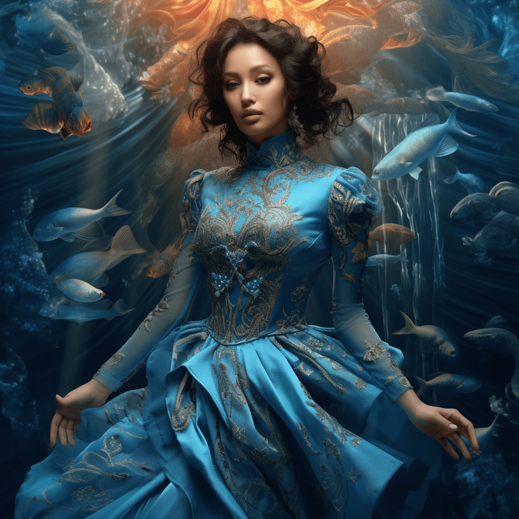AI generated: A woman wearing a blue dress and surrounded by underwater water, in the style of zbrush, golden age ...